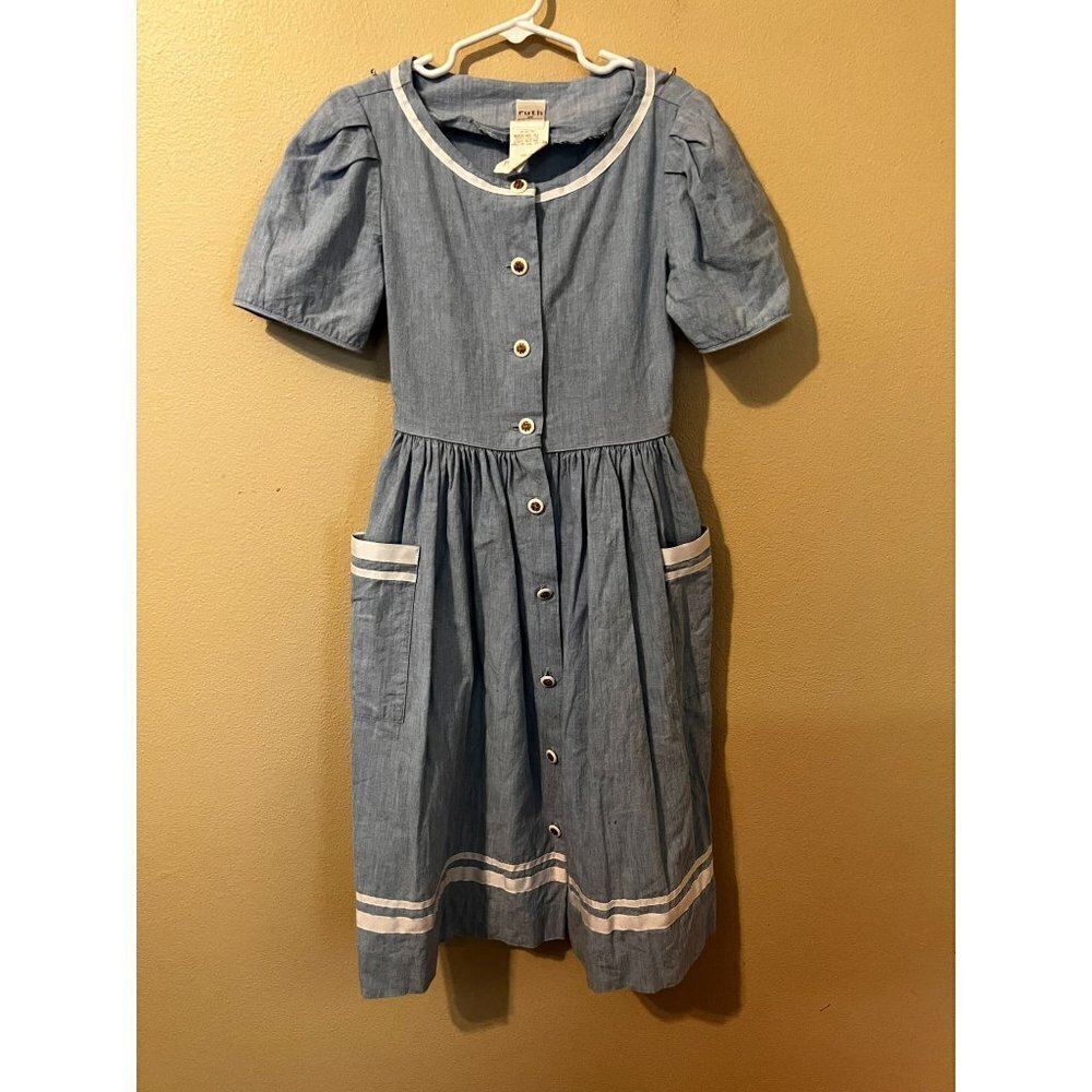 Girl's Vintage Ruth of Carolina Blue & White Dress Pockets Size 8 [EXCELLENT]